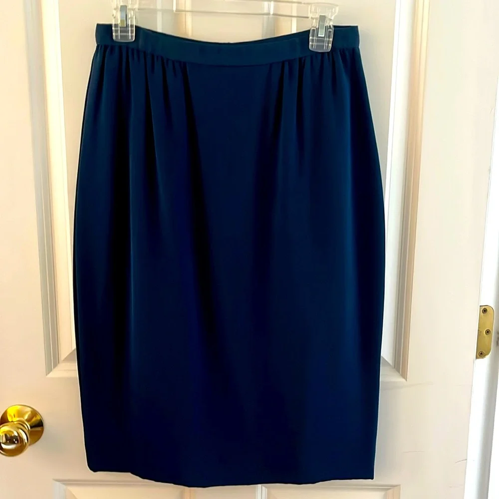 Vintage Becky Bisoulis Navy Blue SatinSkirt. Elastic Waist w/zipper. Size 12.